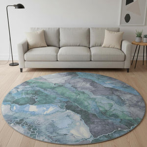HomeRoots 8' Blue Green and Gray Floral Round Washable Rug with UV Protection for Kids, Pets & Easy Care 701374