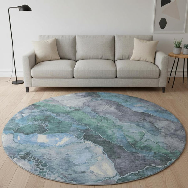 HomeRoots 8' Blue Green and Gray Floral Round Washable Rug with UV Protection for Kids, Pets & Easy Care 701374
