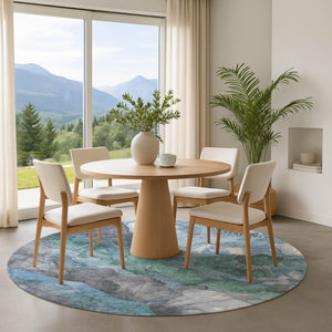 HomeRoots 8' Blue Green and Gray Floral Round Washable Rug with UV Protection for Kids, Pets & Easy Care 701374