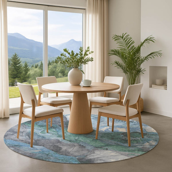 HomeRoots 8' Blue Green and Gray Floral Round Washable Rug with UV Protection for Kids, Pets & Easy Care 701374