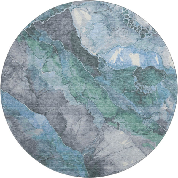 HomeRoots 8' Blue Green and Gray Floral Round Washable Rug with UV Protection for Kids, Pets & Easy Care 701374