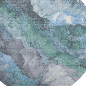 HomeRoots 8' Blue Green and Gray Floral Round Washable Rug with UV Protection for Kids, Pets & Easy Care 701374