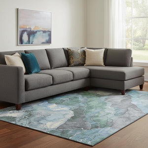 HomeRoots 8' X 10' Floral Area Rug in Blue, Green, and Gray - Durable, Washable, UV Protection & Stain Resistant 701375