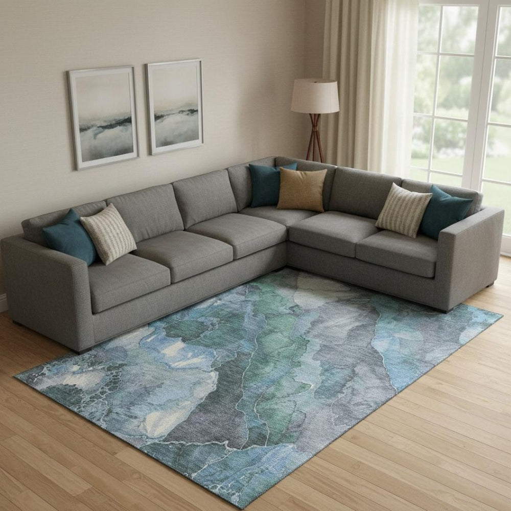 HomeRoots 9' X 12' Floral Washable Area Rug in Blue, Green & Gray – Durable, Stain-Resistant, UV Protected! 701376