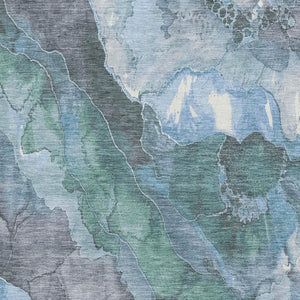 HomeRoots 9' X 12' Floral Washable Area Rug in Blue, Green & Gray – Durable, Stain-Resistant, UV Protected! 701376