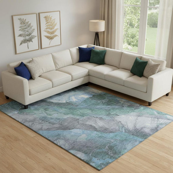 HomeRoots 10' Transitional Floral Area Rug in Blue, Green & Gray - Washable, UV Protected & Non-Slip! 701377