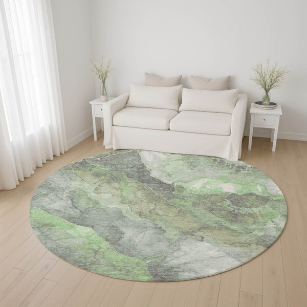 HomeRoots 8' Floral Washable Round Rug in Green, Gray & Ivory - Stain Resistant, UV Protected for High Traffic Areas 701380