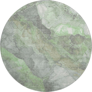HomeRoots 8' Floral Washable Round Rug in Green, Gray & Ivory - Stain Resistant, UV Protected for High Traffic Areas 701380
