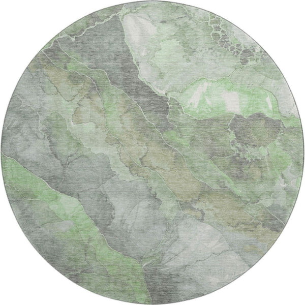 HomeRoots 8' Floral Washable Round Rug in Green, Gray & Ivory - Stain Resistant, UV Protected for High Traffic Areas 701380