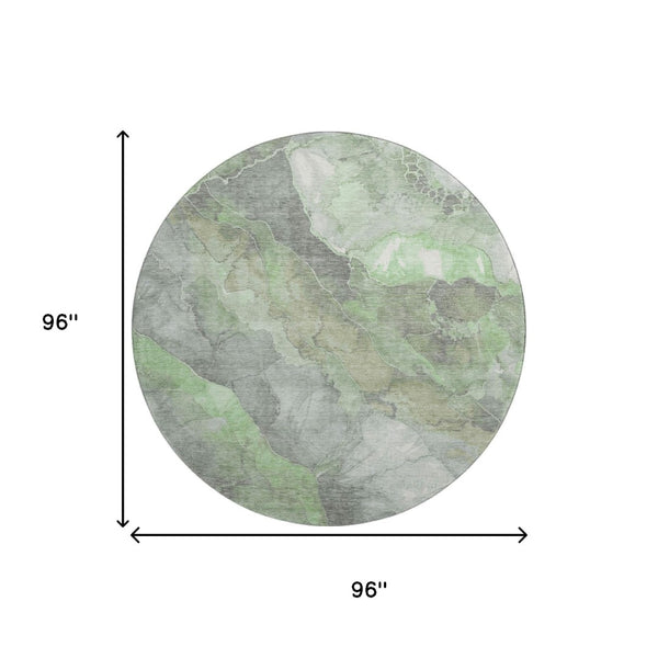 HomeRoots 8' Floral Washable Round Rug in Green, Gray & Ivory - Stain Resistant, UV Protected for High Traffic Areas 701380