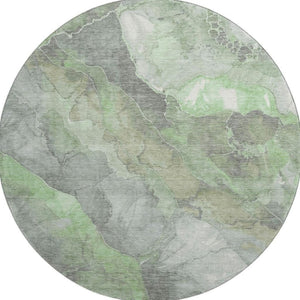 HomeRoots 8' Floral Washable Round Rug in Green, Gray & Ivory - Stain Resistant, UV Protected for High Traffic Areas 701380