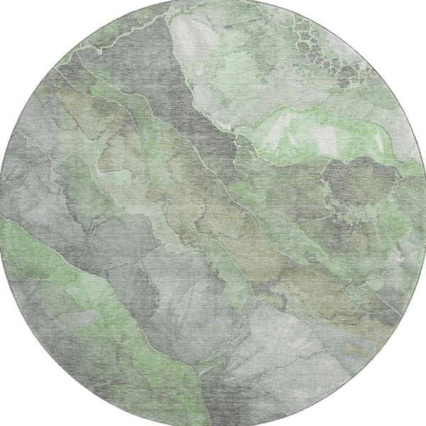 HomeRoots 8' Floral Washable Round Rug in Green, Gray & Ivory - Stain Resistant, UV Protected for High Traffic Areas 701380