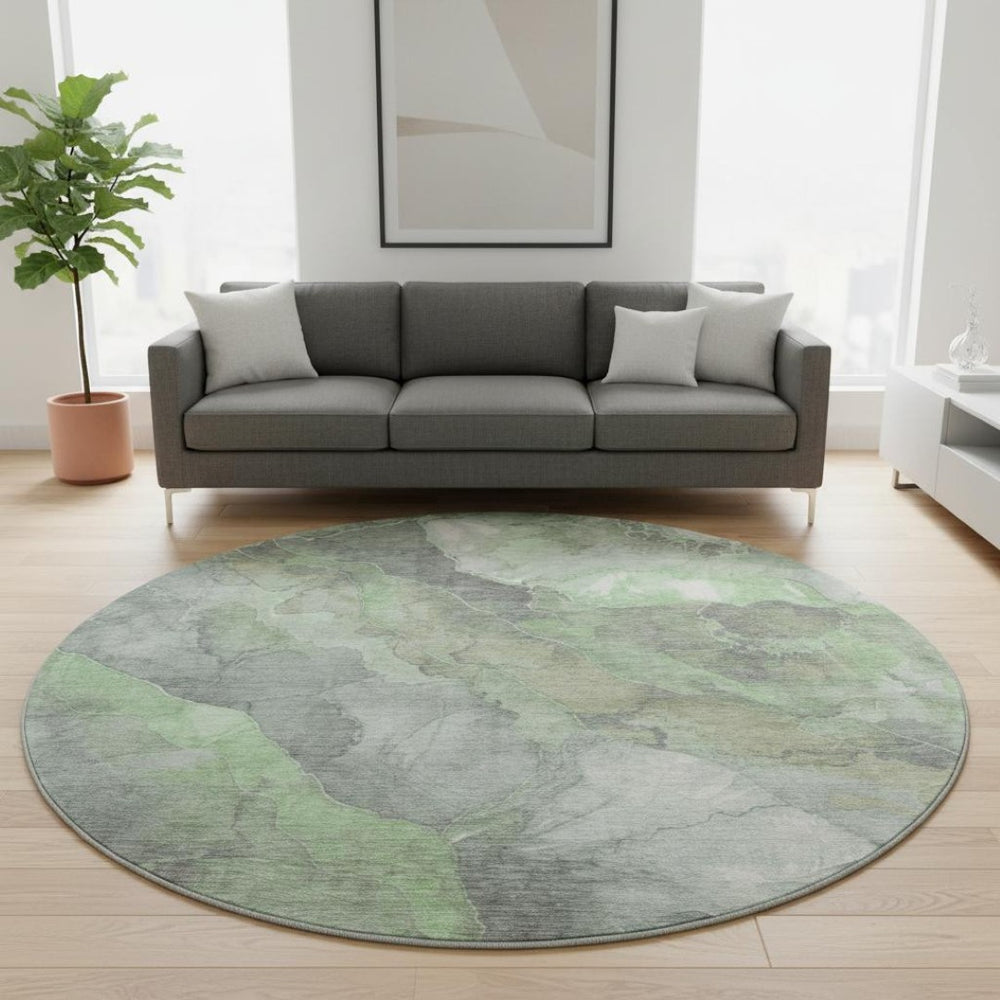 HomeRoots 8' Floral Washable Round Rug in Green, Gray & Ivory - Stain Resistant, UV Protected for High Traffic Areas 701380