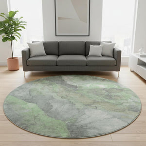 HomeRoots 8' Floral Washable Round Rug in Green, Gray & Ivory - Stain Resistant, UV Protected for High Traffic Areas 701380