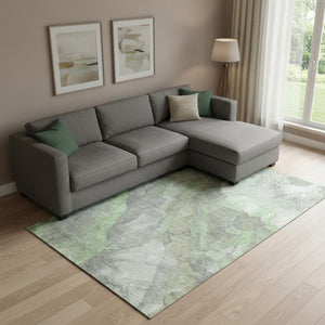HomeRoots 10' X 14' Floral Washable Area Rug - Green, Gray & Ivory with UV Protection for Stylish Durability 701383