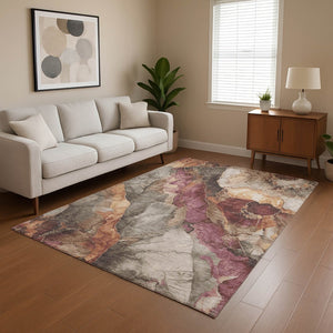 HomeRoots 5' X 8' Durable Khaki Beige & Mauve Floral Area Rug - Washable, UV Protected, Perfect for Families! 701385