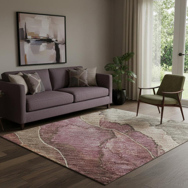 HomeRoots 5' X 8' Durable Khaki Beige & Mauve Floral Area Rug - Washable, UV Protected, Perfect for Families! 701385