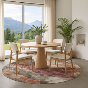 HomeRoots 8' Washable Round Rug in Khaki Beige & Mauve Floral Design - UV Protection & Stain Resistant Comfort 701386