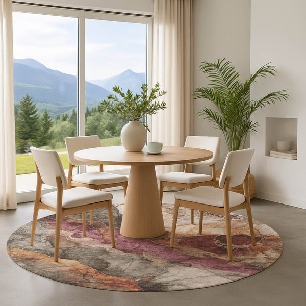 HomeRoots 8' Washable Round Rug in Khaki Beige & Mauve Floral Design - UV Protection & Stain Resistant Comfort 701386