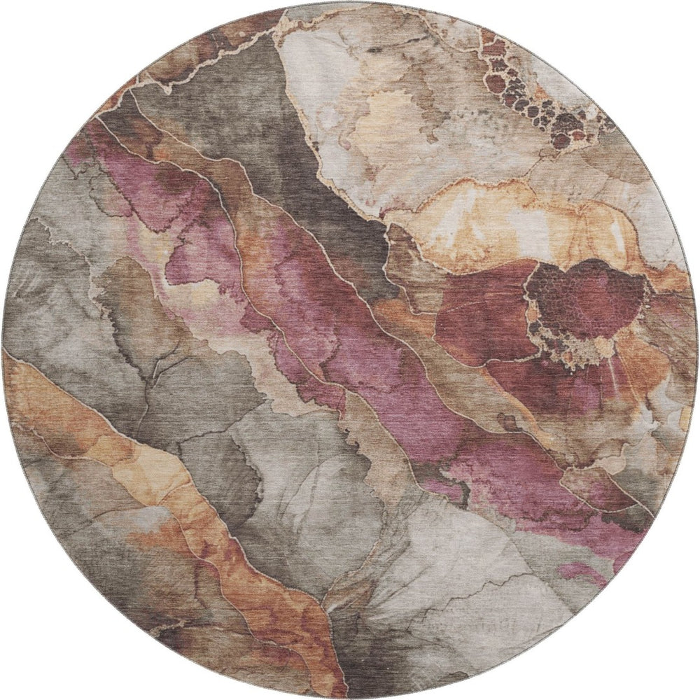 HomeRoots 8' Washable Round Rug in Khaki Beige & Mauve Floral Design - UV Protection & Stain Resistant Comfort 701386