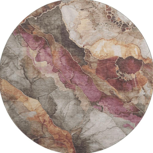 HomeRoots 8' Washable Round Rug in Khaki Beige & Mauve Floral Design - UV Protection & Stain Resistant Comfort 701386