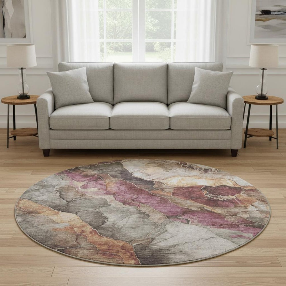 HomeRoots 8' Washable Round Rug in Khaki Beige & Mauve Floral Design - UV Protection & Stain Resistant Comfort 701386