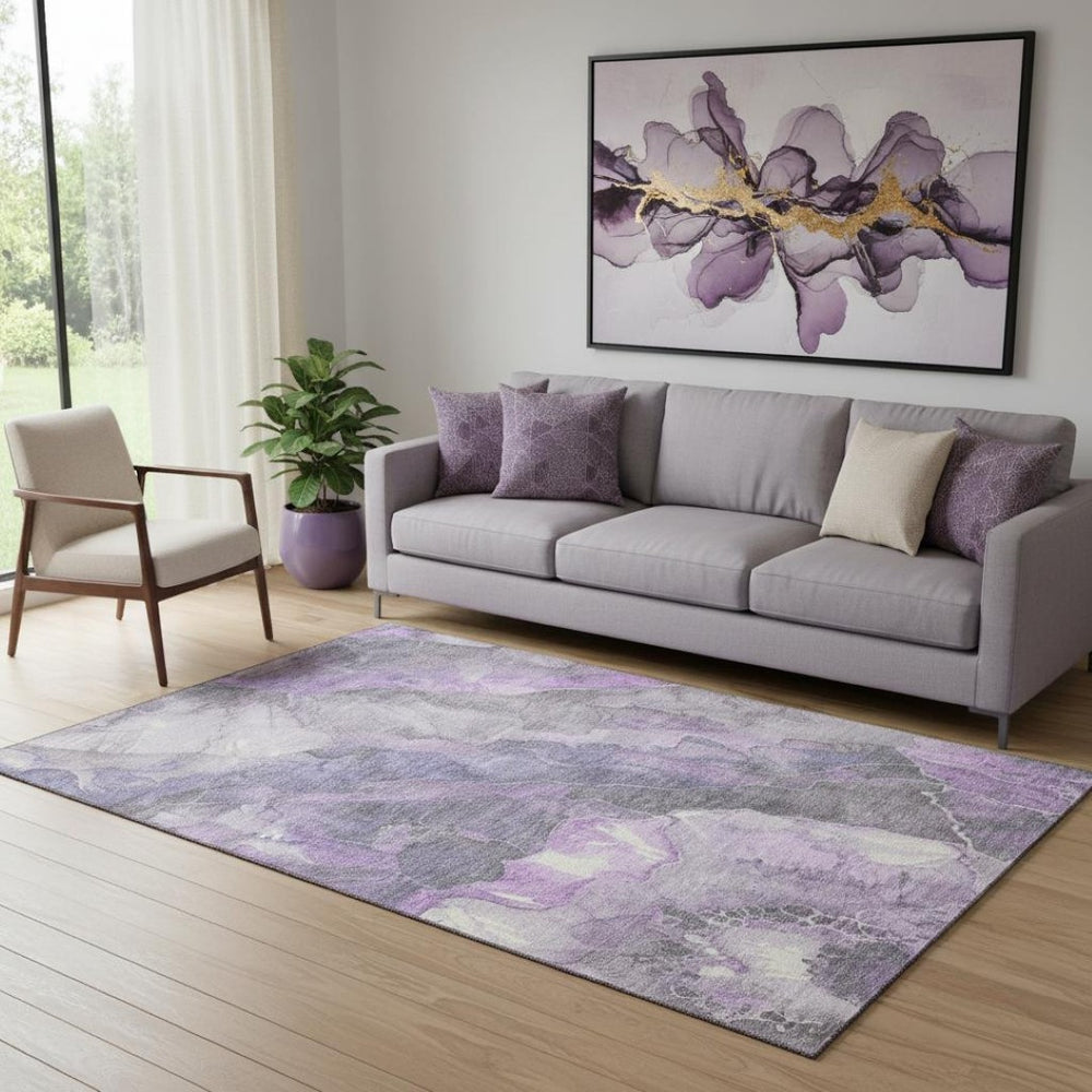 HomeRoots 5' X 8' Elegant Purple Ivory Gray Floral Area Rug - Washable, UV Protected, Non-Slip, Durable Design 701391