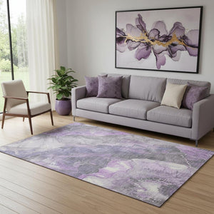 HomeRoots 5' X 8' Elegant Purple Ivory Gray Floral Area Rug - Washable, UV Protected, Non-Slip, Durable Design 701391