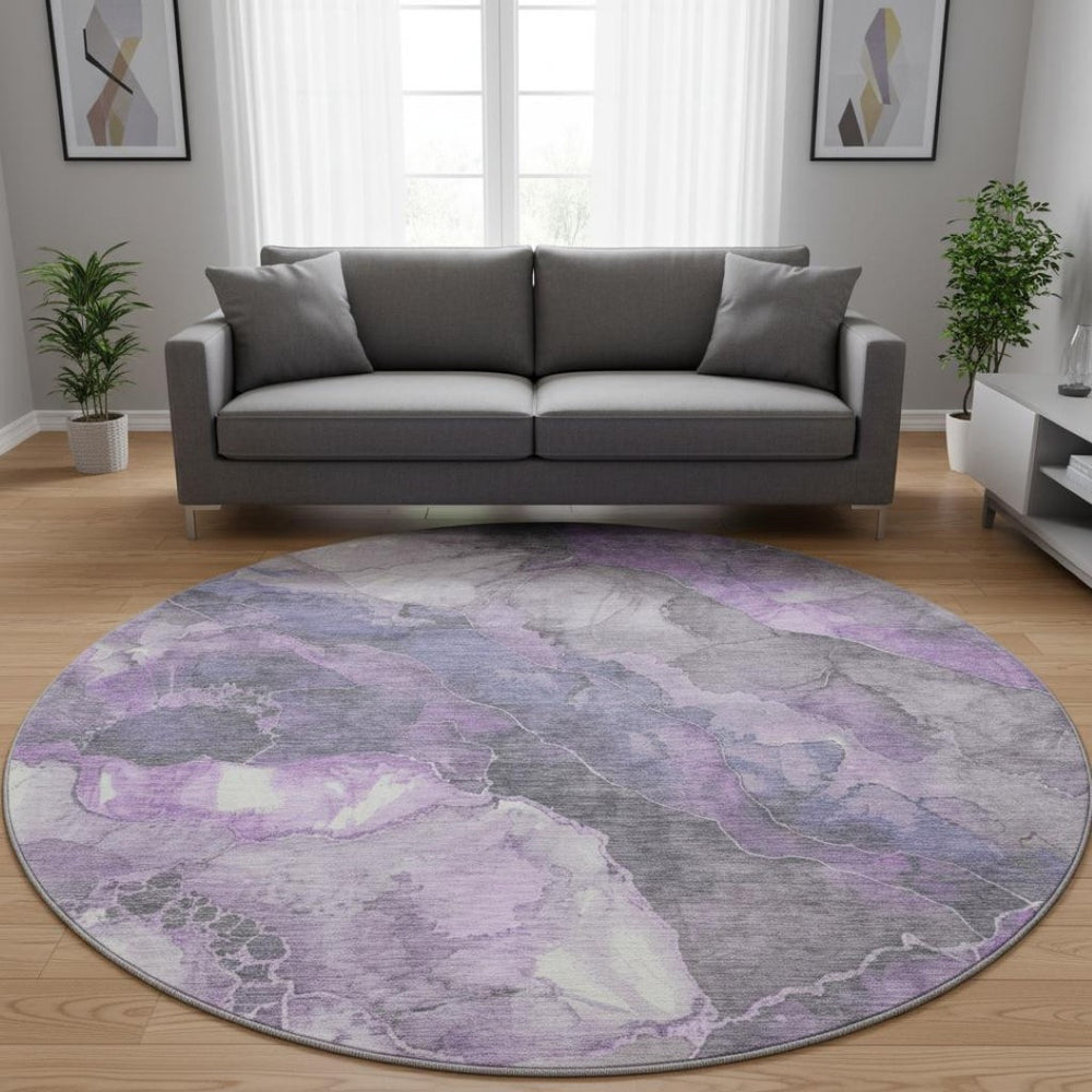 HomeRoots 8' Elegant Purple Ivory Gray Floral Washable Round Rug - Durable, UV Protected, and Easy Care! 701392