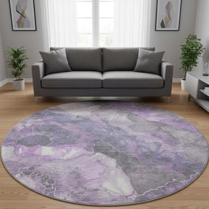 HomeRoots 8' Elegant Purple Ivory Gray Floral Washable Round Rug - Durable, UV Protected, and Easy Care! 701392