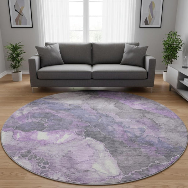HomeRoots 8' Elegant Purple Ivory Gray Floral Washable Round Rug - Durable, UV Protected, and Easy Care! 701392