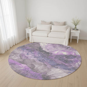 HomeRoots 8' Elegant Purple Ivory Gray Floral Washable Round Rug - Durable, UV Protected, and Easy Care! 701392