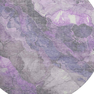 HomeRoots 8' Elegant Purple Ivory Gray Floral Washable Round Rug - Durable, UV Protected, and Easy Care! 701392