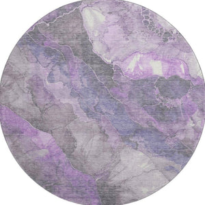 HomeRoots 8' Elegant Purple Ivory Gray Floral Washable Round Rug - Durable, UV Protected, and Easy Care! 701392