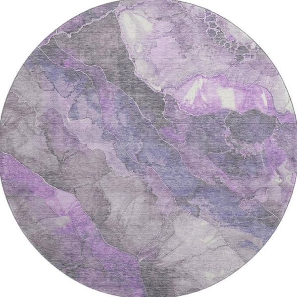 HomeRoots 8' Elegant Purple Ivory Gray Floral Washable Round Rug - Durable, UV Protected, and Easy Care! 701392
