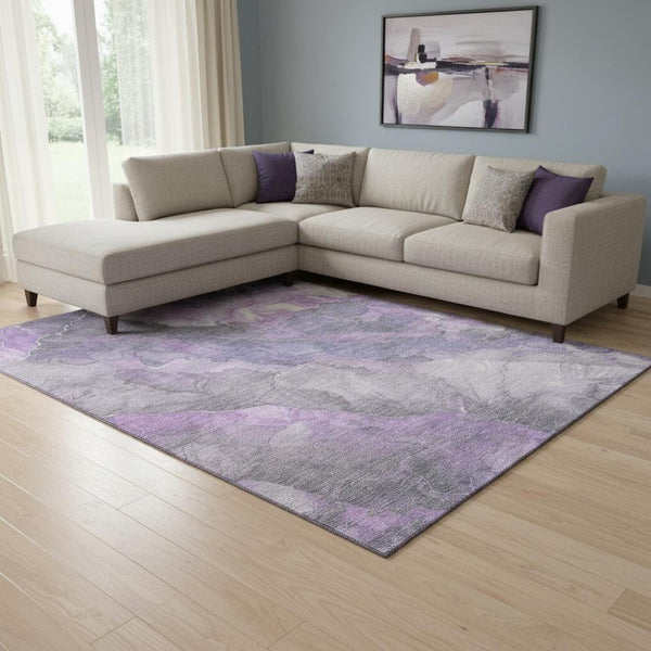 HomeRoots 8' X 10' Floral Area Rug in Purple, Ivory & Gray - Washable, UV Protected & Stain Resistant Design 701393