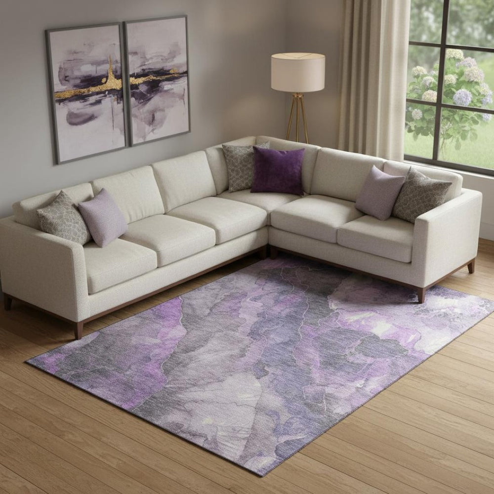 HomeRoots 9' X 12' Purple, Ivory & Gray Floral Washable Area Rug - UV Protected, Stain Resistant & Stylish! 701394