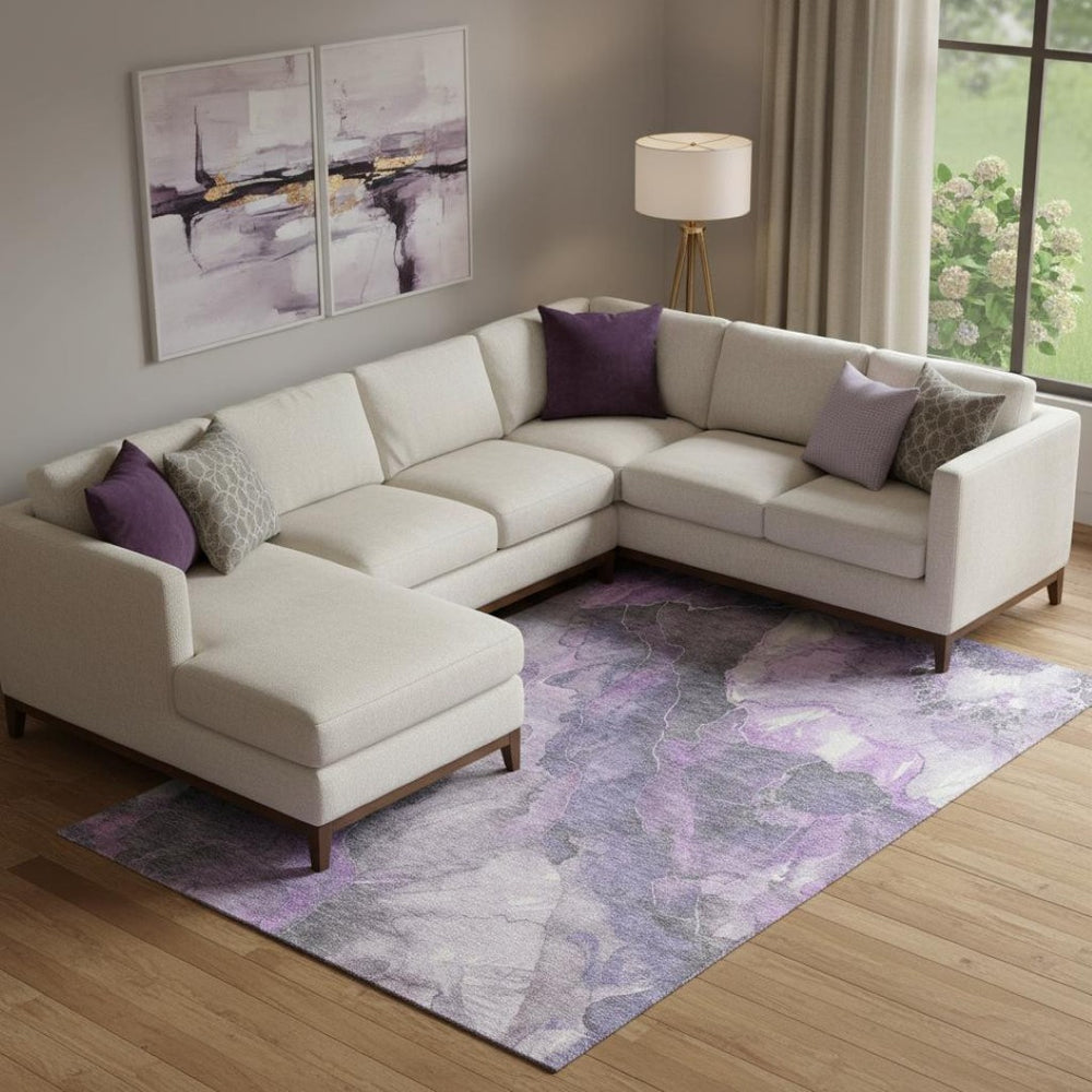 HomeRoots 10' X 14' Floral Area Rug in Purple, Ivory & Gray - Washable, UV-Protected, Stain-Resistant Design 701395