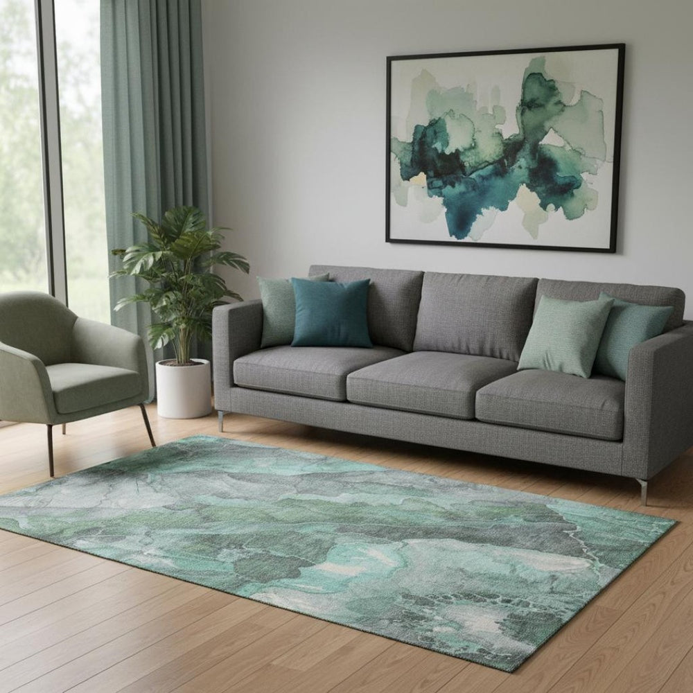 HomeRoots 5' X 8' Teal Gray Floral Area Rug – Stylish, Washable, UV-Protected for High-Traffic Rooms & Kids 701397