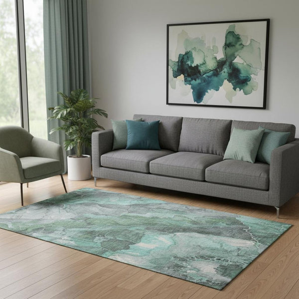 HomeRoots 5' X 8' Teal Gray Floral Area Rug – Stylish, Washable, UV-Protected for High-Traffic Rooms & Kids 701397