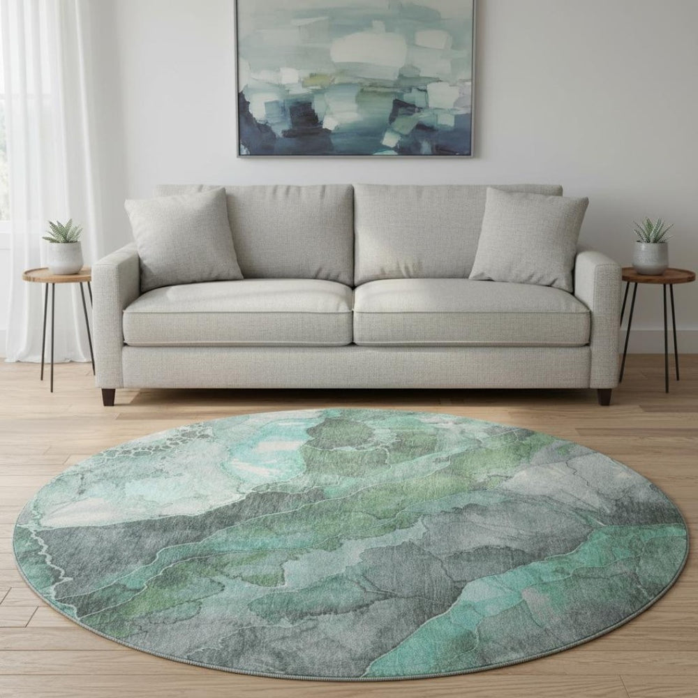 HomeRoots 8' Teal Gray and Ivory Floral Washable Round Rug - Durable, Stain-Resistant, UV-Protected for Homes 701398
