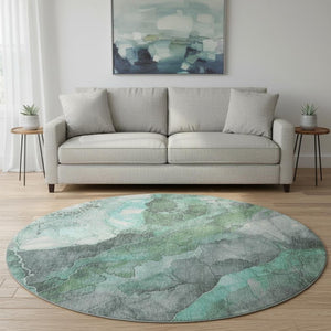 HomeRoots 8' Teal Gray and Ivory Floral Washable Round Rug - Durable, Stain-Resistant, UV-Protected for Homes 701398