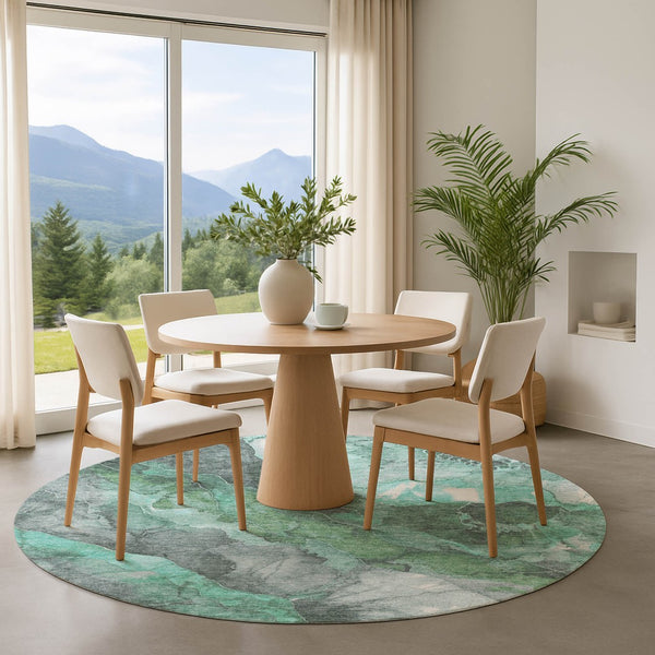 HomeRoots 8' Teal Gray and Ivory Floral Washable Round Rug - Durable, Stain-Resistant, UV-Protected for Homes 701398