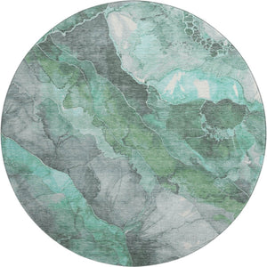 HomeRoots 8' Teal Gray and Ivory Floral Washable Round Rug - Durable, Stain-Resistant, UV-Protected for Homes 701398