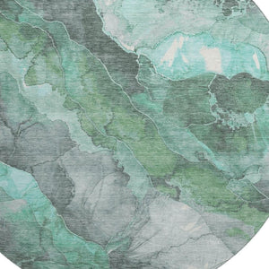 HomeRoots 8' Teal Gray and Ivory Floral Washable Round Rug - Durable, Stain-Resistant, UV-Protected for Homes 701398