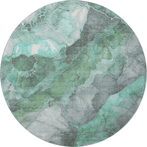 HomeRoots 8' Teal Gray and Ivory Floral Washable Round Rug - Durable, Stain-Resistant, UV-Protected for Homes 701398