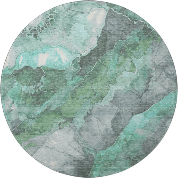 HomeRoots 8' Teal Gray and Ivory Floral Washable Round Rug - Durable, Stain-Resistant, UV-Protected for Homes 701398