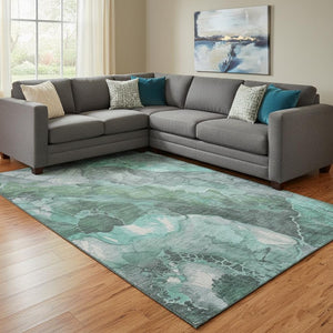 HomeRoots 8' X 10' Stylish Teal Gray & Ivory Floral Area Rug - Washable, UV Protected, Durable, Non-Slip! 701399