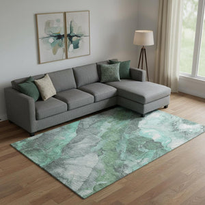 HomeRoots 9' X 12' Teal Gray Ivory Floral Area Rug - Washable, Stain-Resistant, UV Protected for Family Spaces 701400
