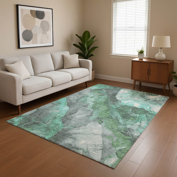 HomeRoots 9' X 12' Teal Gray Ivory Floral Area Rug - Washable, Stain-Resistant, UV Protected for Family Spaces 701400